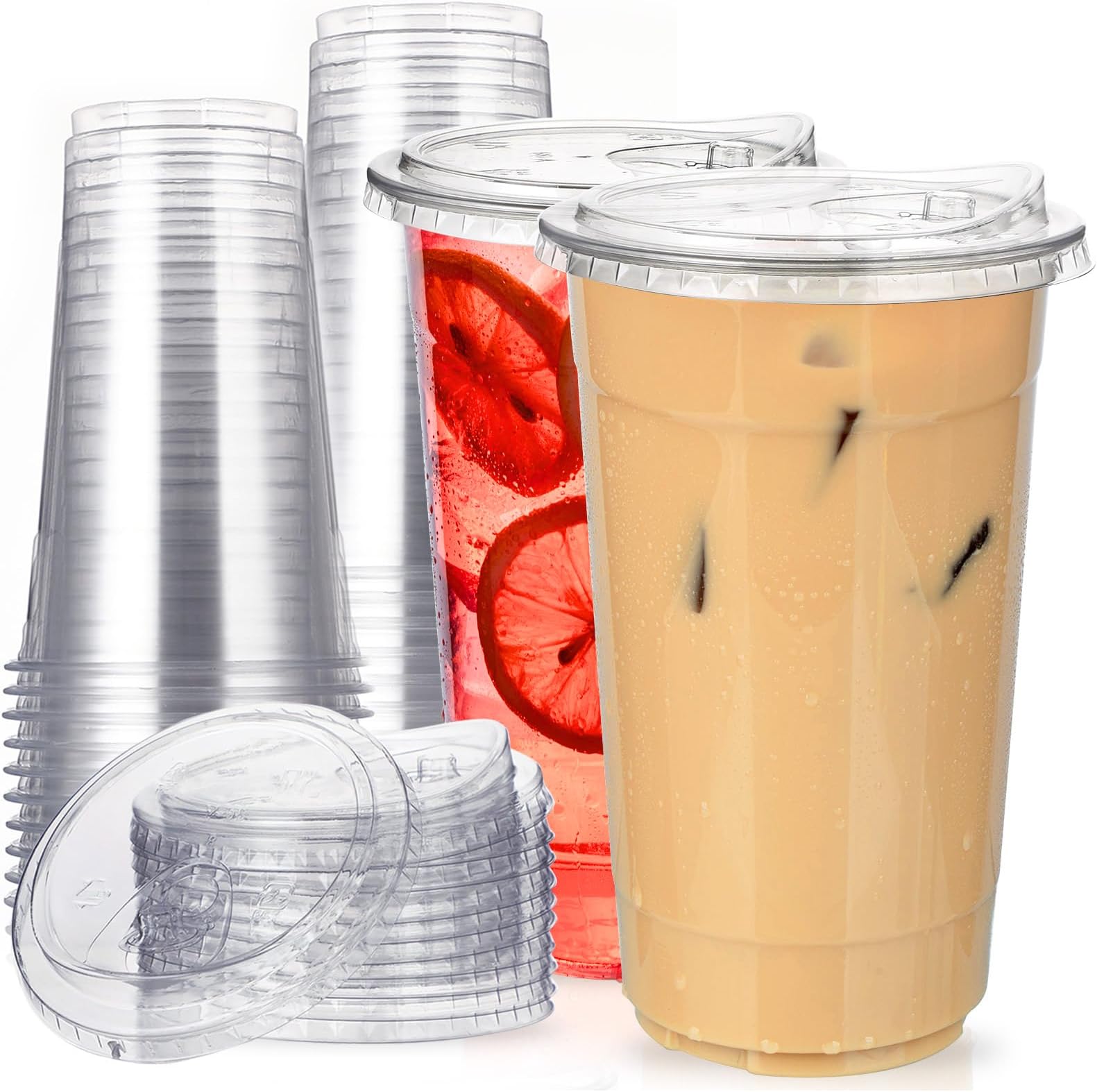32 oz Clear Plastic Cups with Strawless-Sip-Lids, 25 Sets Disposable Cups Plastic Iced Coffee Cups, To Go Cup with Sip Through Lids for Smoothie, Milkshake, Cold Drinks for Party, Wedding, Event