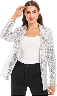 Traje de Chaqueta con Lentejuelas Brillantes para Mujer Elegantes Cárdigan de Manga Larga con Solapa Blazer para Fiesta Boda Club S-XL