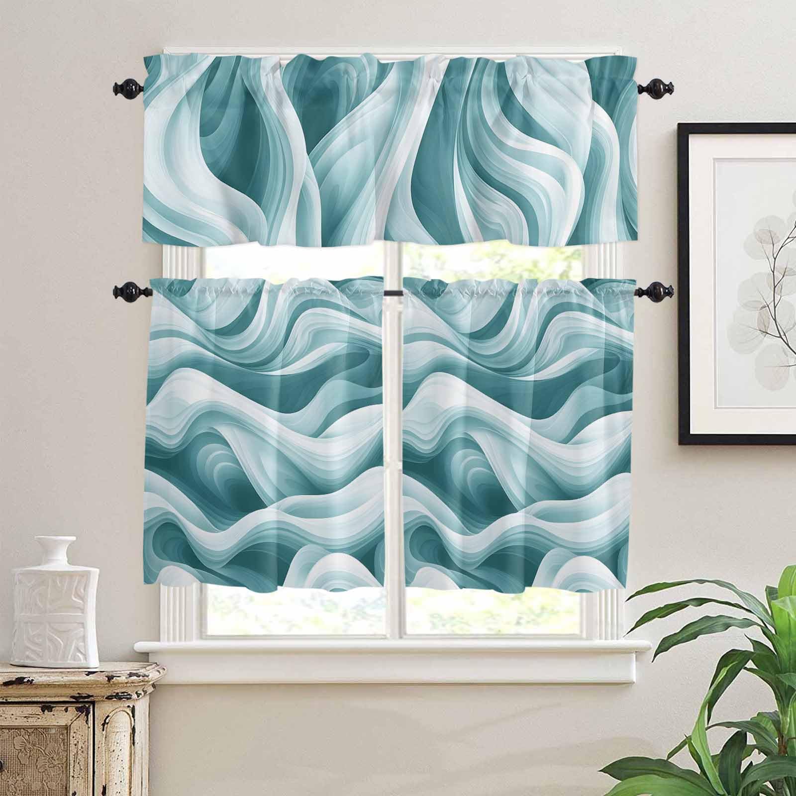 Geometric Stripes Kitchen Curtains 36 Inch Length, 3 Piece Rod Pocket Small Half Tiers and Valance Set, Ombre Teal White Sea Waves Small Large Window Treatment Decor for Bedroom/Bathroom Sink