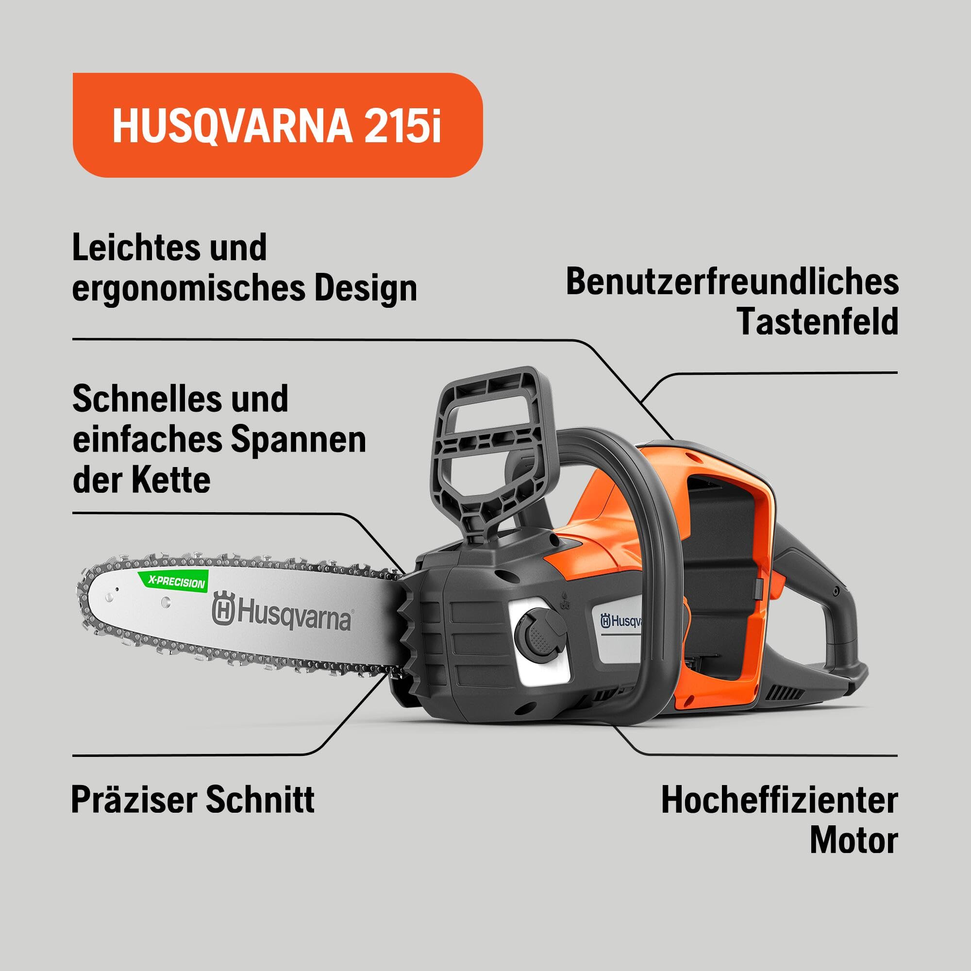 Husqvarna 215i Akku-Kettensäge 12" mit B70 Akku und Ladegerät | Kompaktes, leichtes Design - für allgemeine Gartenarbeiten gemacht