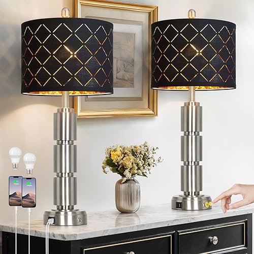 Miniatura 10 de Juego de 2 lámparas de mesa modernas para sala de estar, dormitorio, lámpara de noche de 29 pulgadas de alto con 2 puertos USB, lámpara de mesita