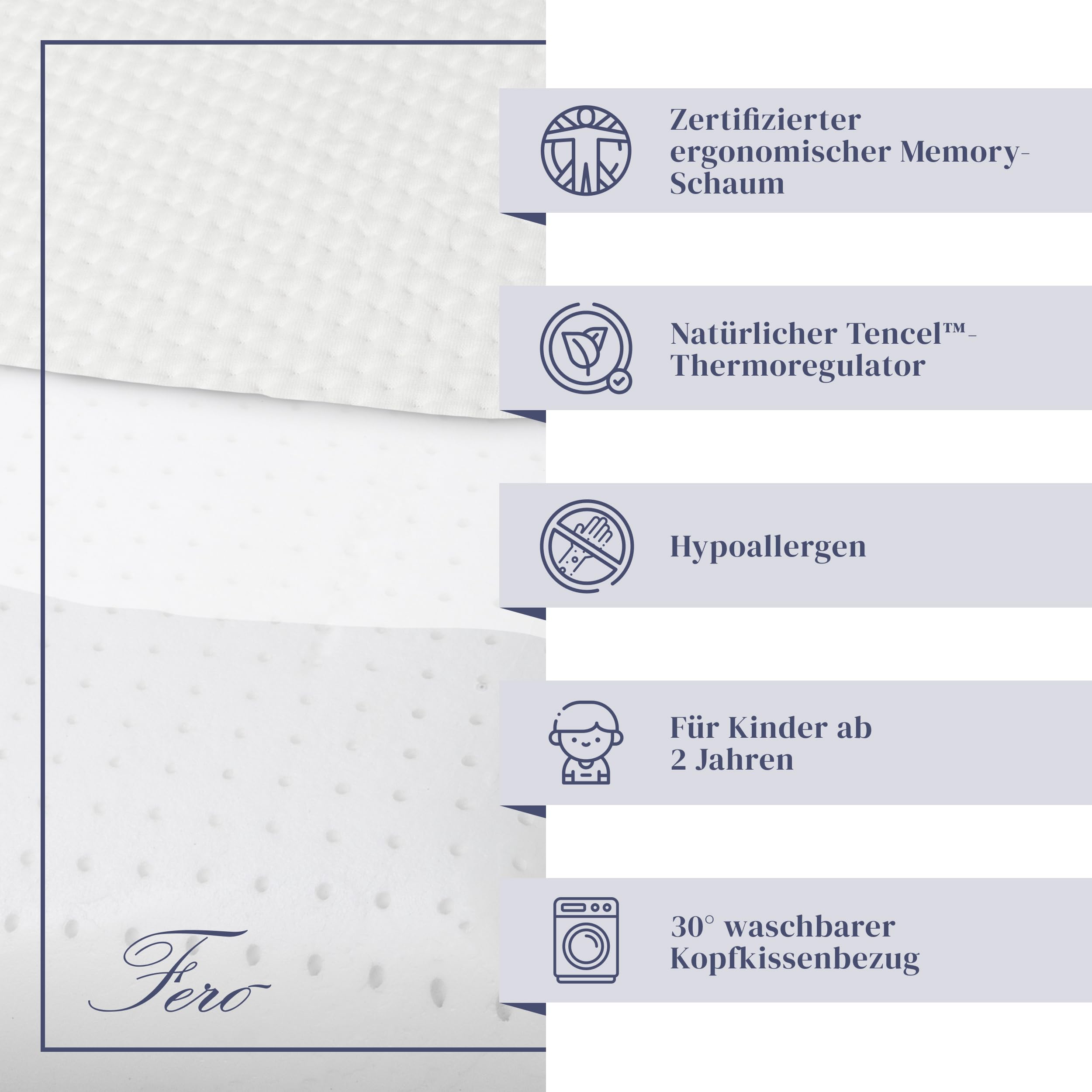 Ferò Kinderkissen 60x40x6 cm aus Tencel Hypoallergen – Für Kinder ab 2 Jahren – Komfort und Sicherheit für einen ruhigen Schlaf – Weicher und atmungsaktiver natürlicher Memory-Schaum Oeko-TEX