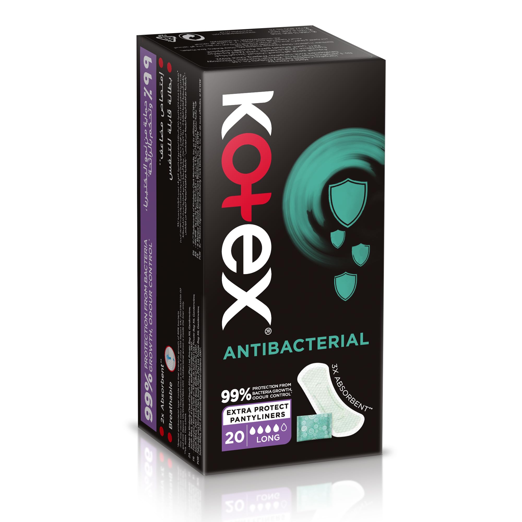 Kotex Long Panty Liners with Antibacterial Protection, 20 Count – Thin Breathable Daily Liners for Everyday Freshness, Light Discharge & Extra Coverage