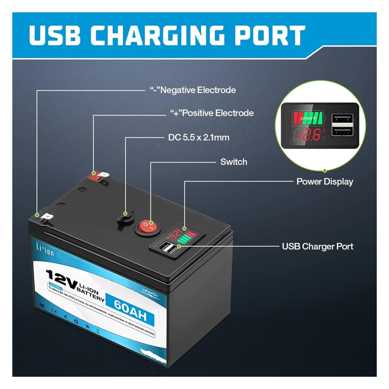 Batteria A Ciclo Profondo Batteria 12V 60Ah Litio LiFePO4 | Batteria ricaricabile da oltre 4000 cicli for energia solare/eolica, piccoli UPS, illuminazione, ecc(LiFePO4 60000mAh Set)