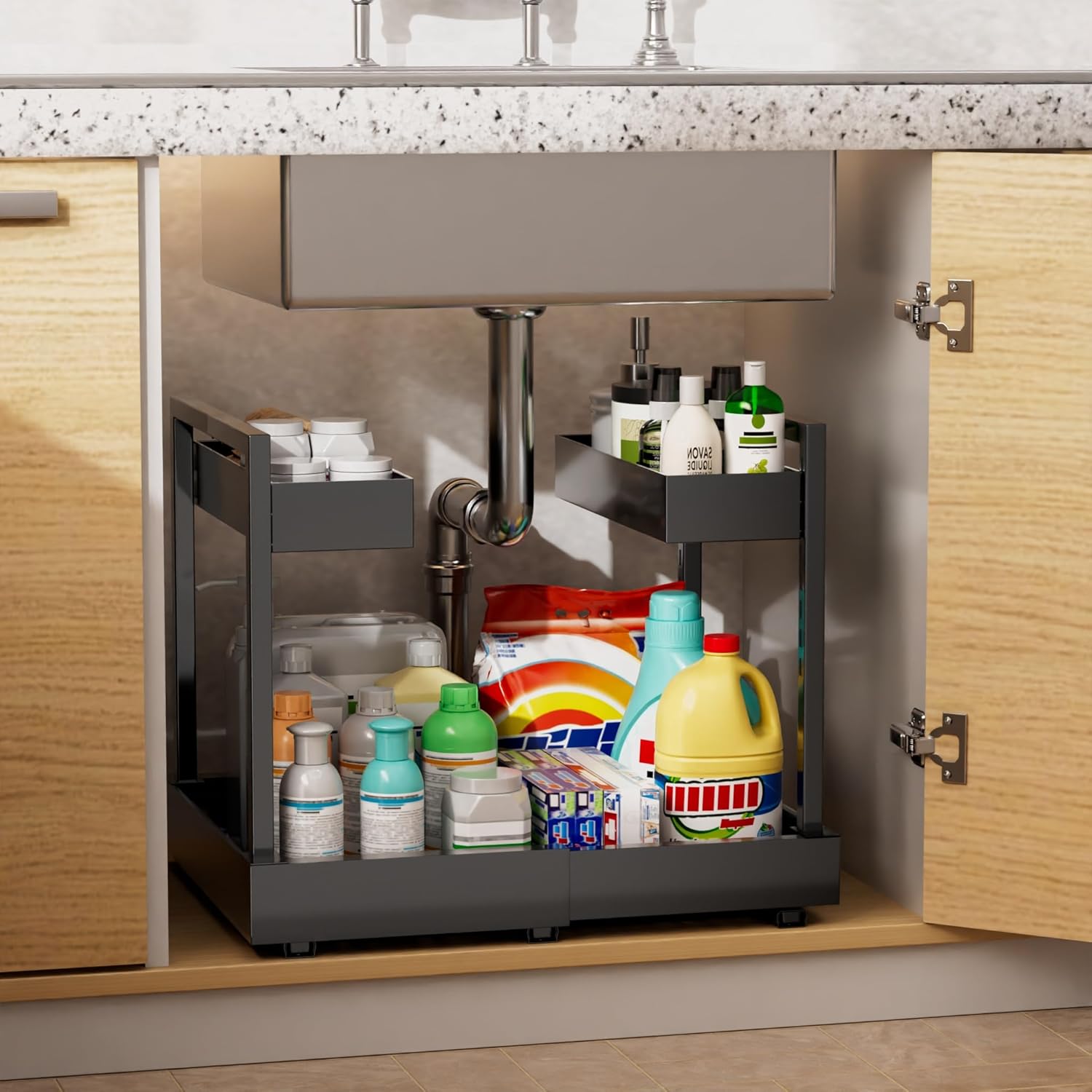 NEWMATIC Adjustable Under Sink Organizer Pull Out Drawers, 2-Tier Slide Out Cabinet Storage Shelf for Kitchen Sink, Height & Width Extendable Black, 15''D x 13''-20.5''W x 15''H(1Pack) Black 15''D x 13''-20.5''W x 15''H(1Pack)