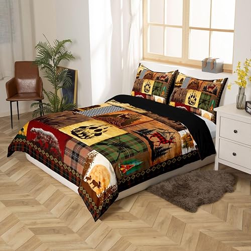 Miniatura 2 de Juego de ropa de cama rústica de cabaña estilo cabaña, retazos, osos, ciervos, alces, funda de edredón para adultos y hombres, funda de edredón
