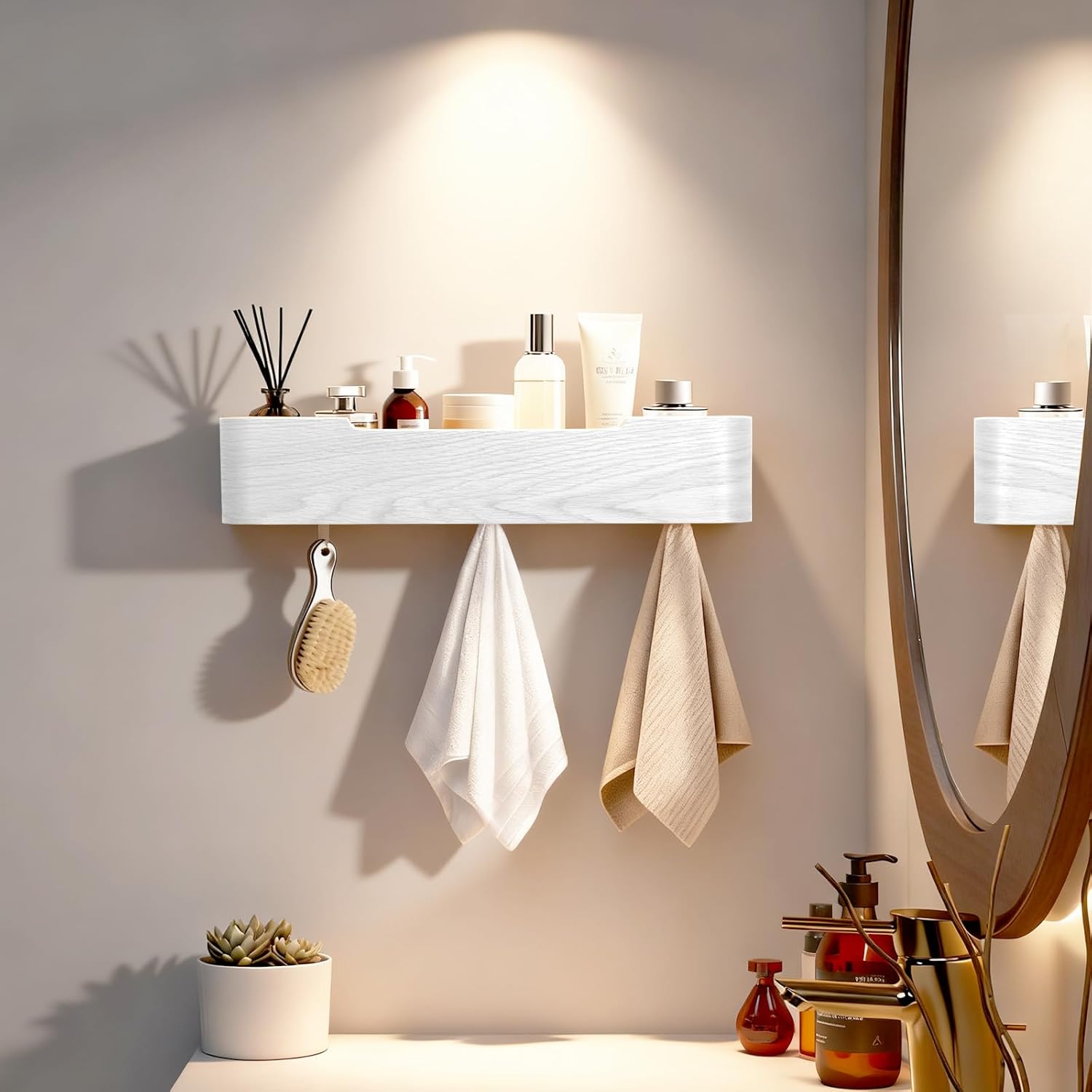 Coat Rack Wall Mount with Shelf Entryway Shelf Modern Key Holder Hanger Wall Shelves with Hidden Hooks for Hanging Towels Coats Hats Bags for Hallway Bathroom Bedroom (White, 5 Hooks)
