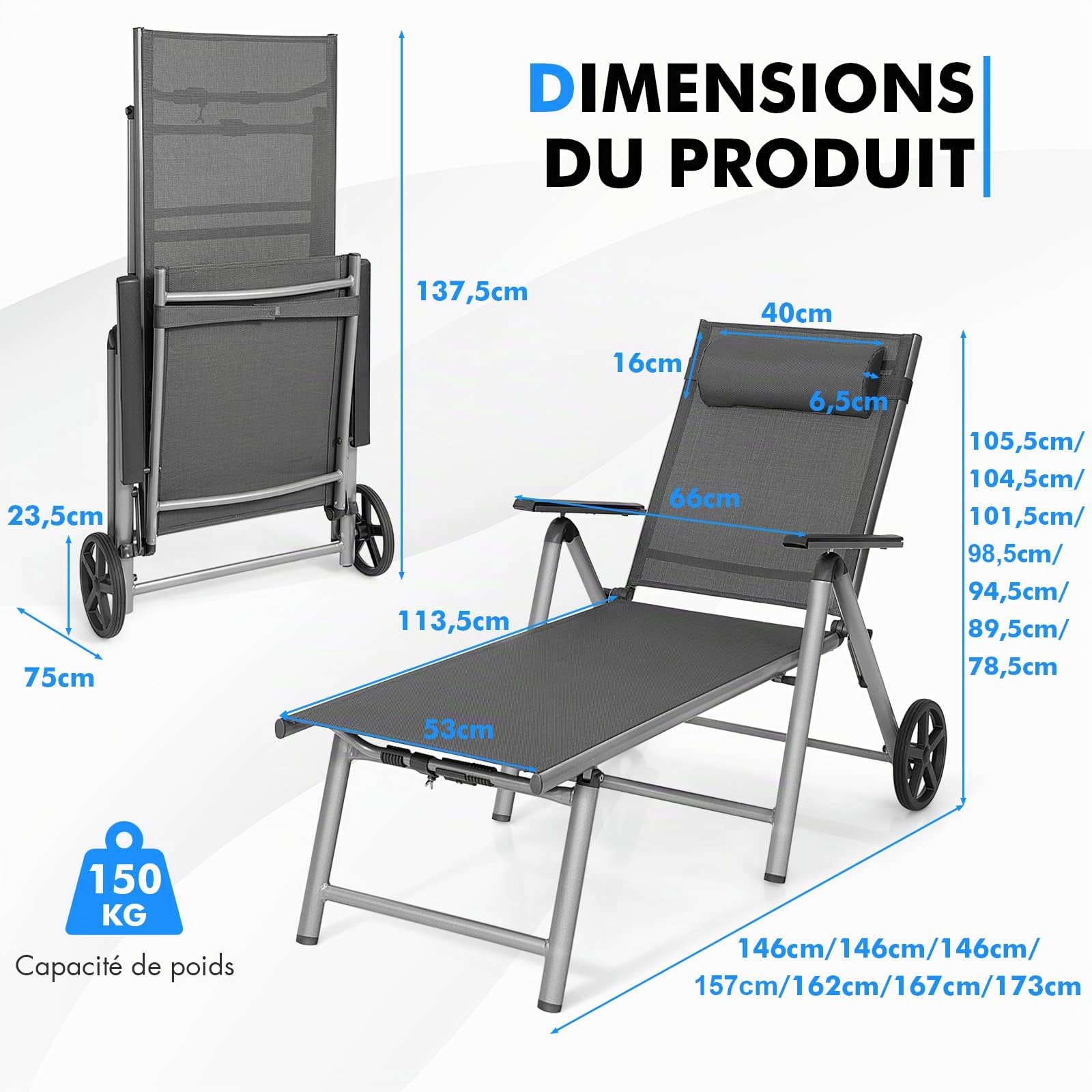 COSTWAY Chaise Longue Jardin Pliable sur roulettes, Dossier à 7 Positions