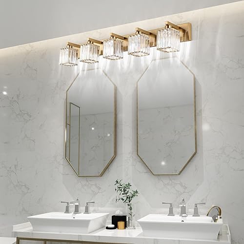 Miniatura 4 de Aipsun Lámparas de tocador de baño, lámpara de tocador de cristal, 5 luces, moderna de latón para baño (excluye bombilla)