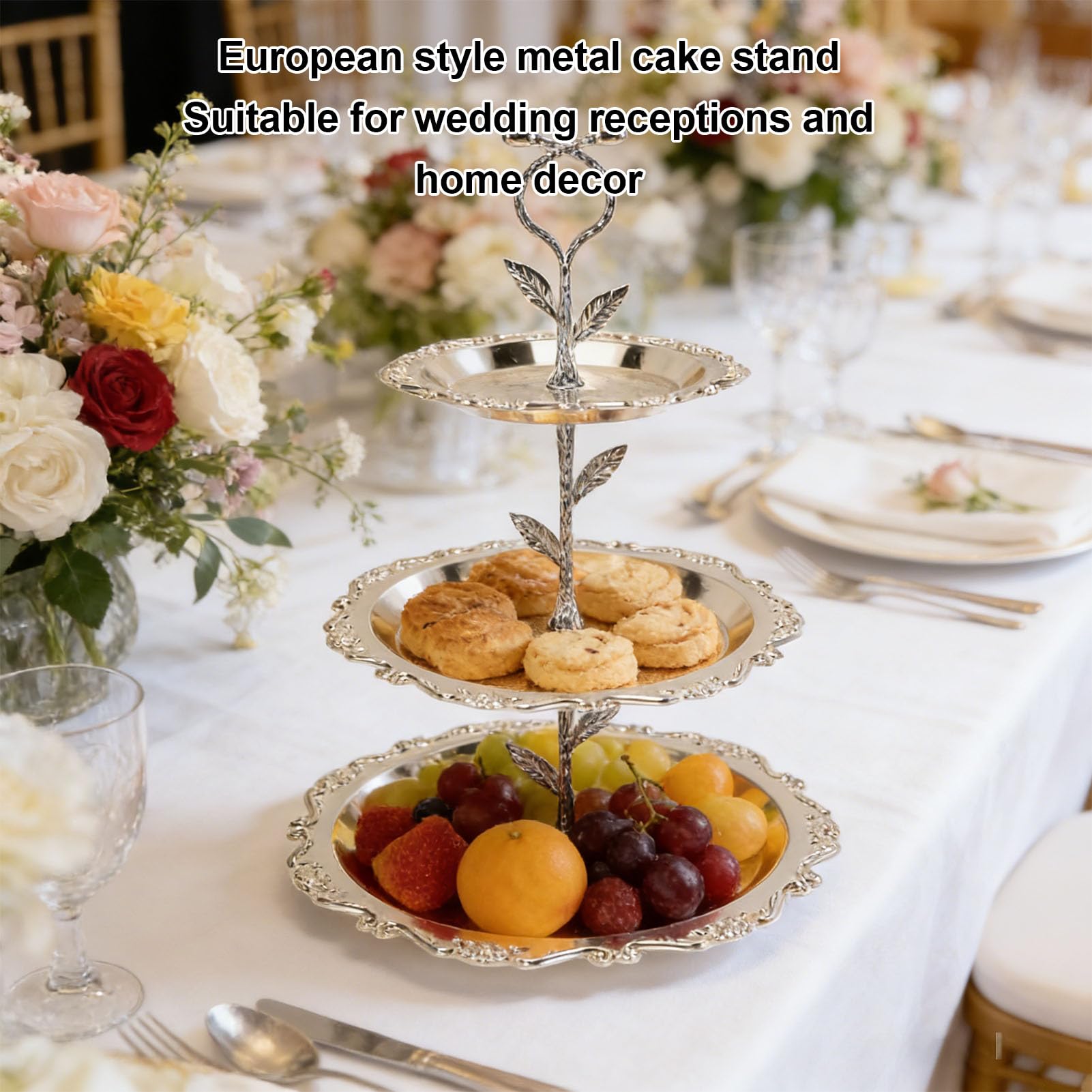 ZJchao Soporte para Tartas Europeo, Elegante Bandeja para Servir Platos de Postre de Metal de 3 Niveles para Banquetes de Bodas, con Construcción de Hierro Resistente