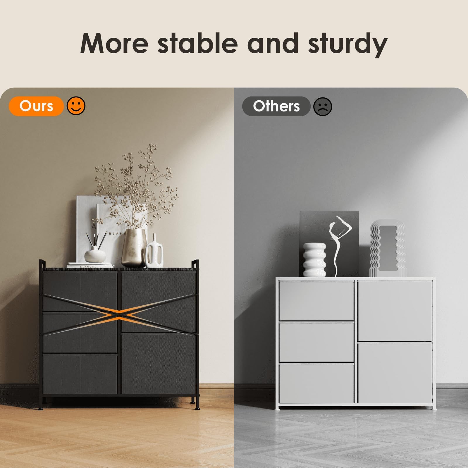 ROMOON 2-Tier Wide Closet Dresser, Nursery Dresser Tower with 5 Easy Pull Fabric Drawers and Metal Frame, Multi-Purpose Organizer Unit for Closets, Dorm Room, Living Room, Hallway