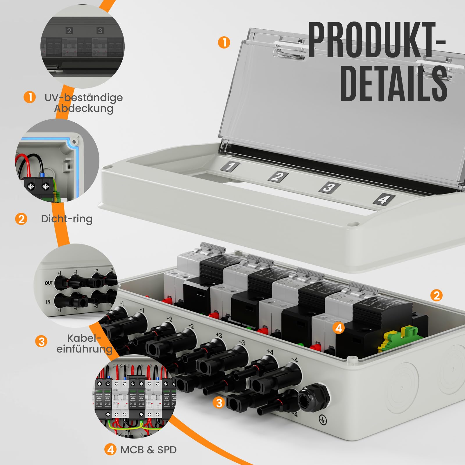 Überspannungsschutz PV DC1000V 4 String Solar Anschlusskasten, DC Trennschalter mit Blitzschutz & Leitungsschutzschalter 40A, IP65 Wasserdicht UV-Beständiger PV Combiner Box（4 in 4 out）