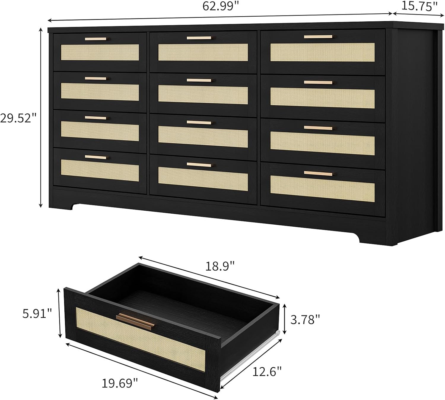 garveehome 12 drawer dresser for bedroom, modern farmhouse rattan chest of drawers with handles, wood dresser for closet, living room, entryway, and hallway, black
