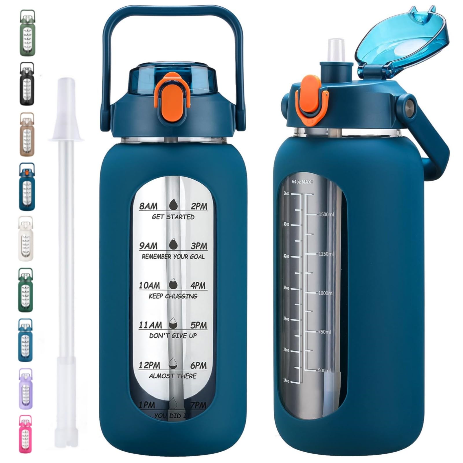 1.8 l Glas-Wasserflaschen mit Strohhalm, 1.8 l motivierende Glasflasche mit Silikonhülle und Zeitmarkierung, 2 l auslaufsicherer, großer Wasserkrug aus Glas für Fitnessstudio, Büro, Blau