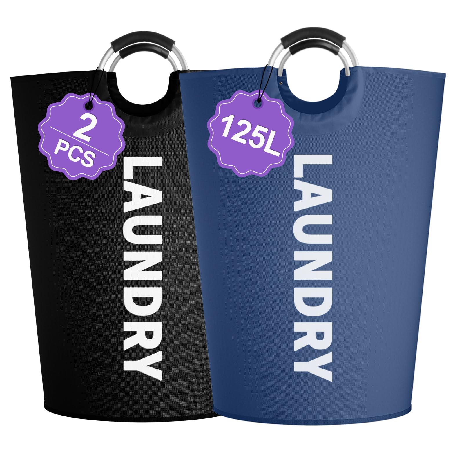 Set of 2 Collapsible Laundry Basket 125L, Tall Laundry Hamper with Comfort Handle, Freestanding Storage Bin for Family, Apartments, Dorm,Black + Navy Blue