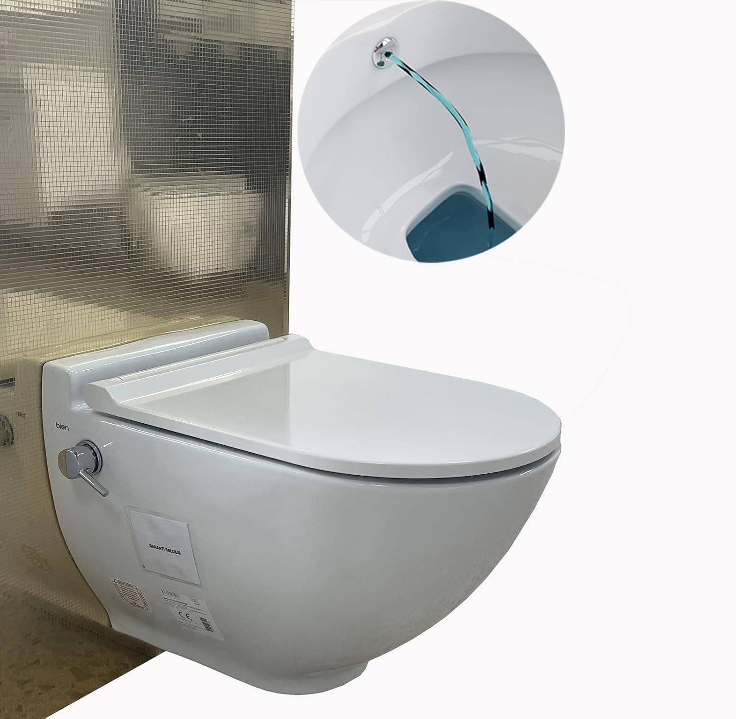 Bien Thor Easy Taharet Rimless Shower Hanging Wall Toilet Bidet Toilet Integrated Cold & Warm Valve Mixer Tap Soft-Close Lid Rimless Soft-Close Mechanism Shattaf