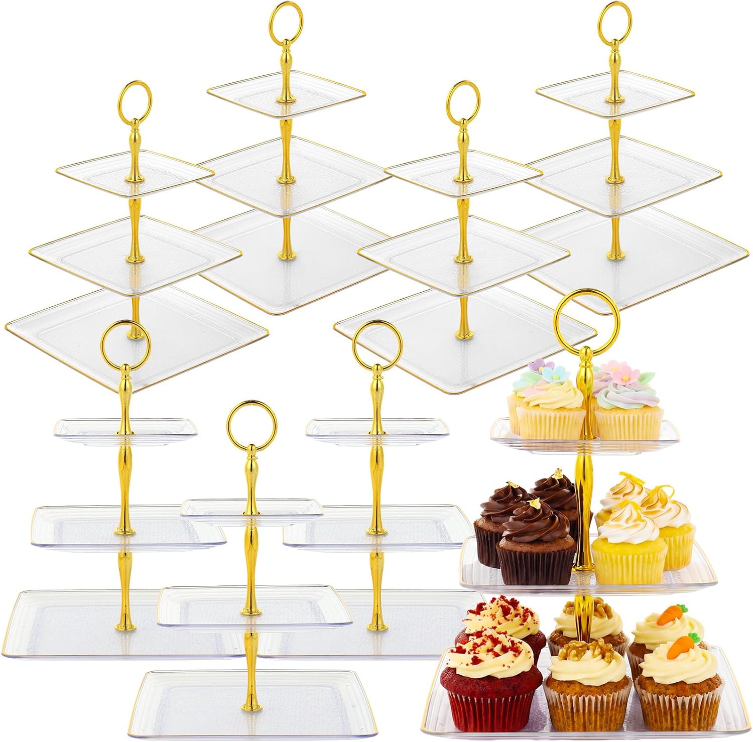 Teenyyou 8 Pack 3 Tier Cupcake Stand Bulk Tiered Dessert Stand Thick Plastic Square Serving Tray with Gold Edges Dessert Table Display Set Tea Cake Holder for Wedding Birthday Party