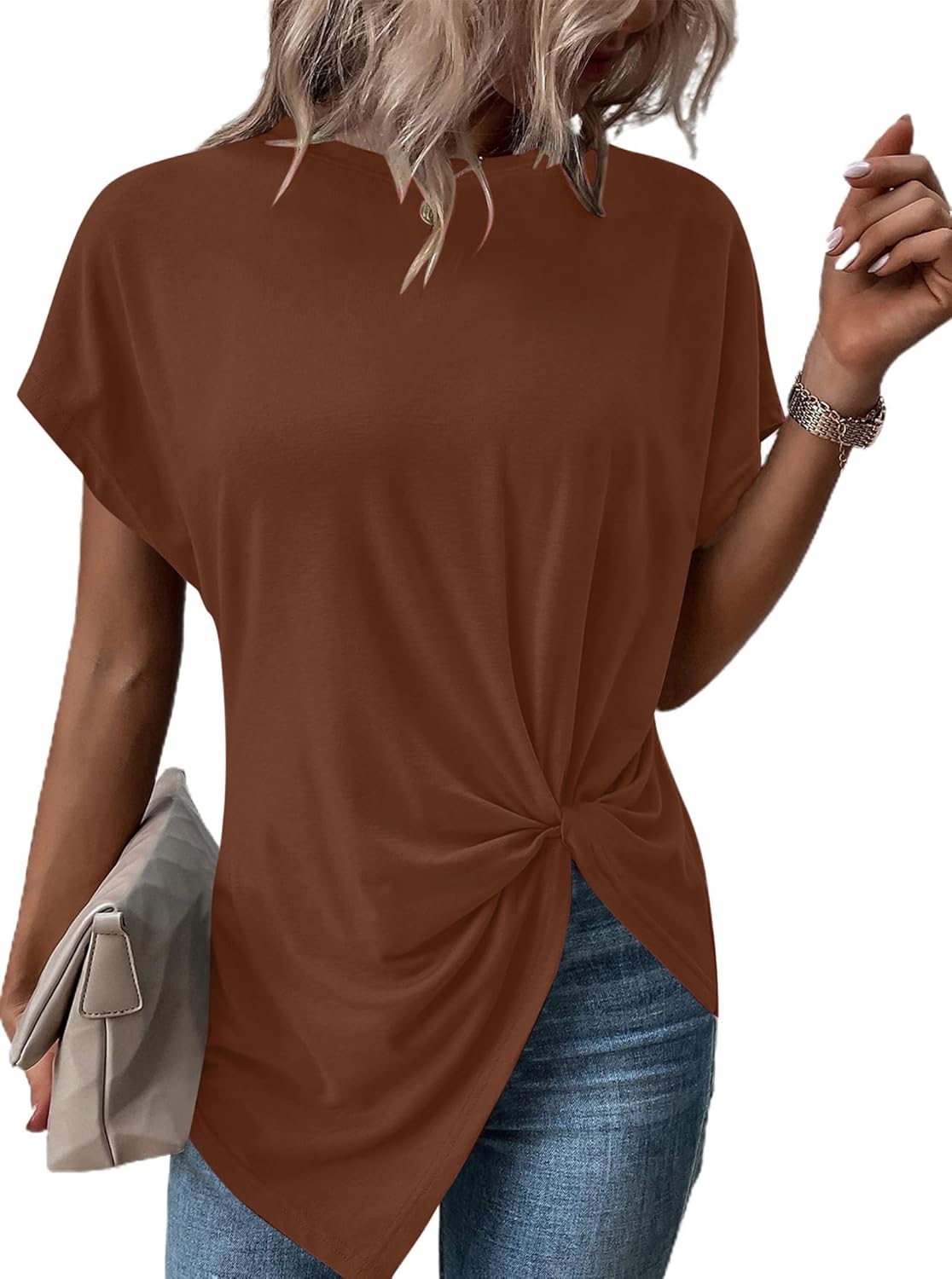 Remidoo Asymmetrical Tops for Women Twist Front Top Crewneck Knot Short Sleeve T Shirts