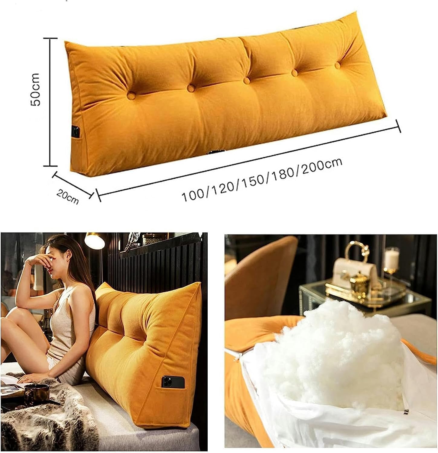 Reading Pillows Velvet Bolster Lumbar Support Back Long Cushion, Solid Color Wedge Headboard Triangular Backrest, PP Cotton Filled Rest Daybed Pillow, Removable Washable, 150cm/59inch
