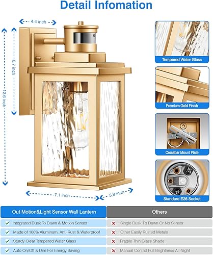 Miniatura 6 de VIANIS Luces de porche con sensor de movimiento, lámparas para exteriores, montaje en pared del atardecer al amanecer, luces exteriores doradas