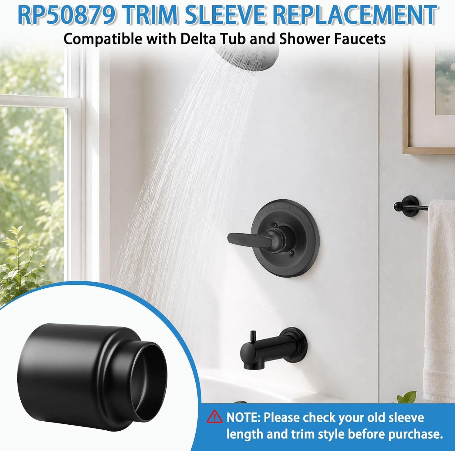 RP50879BL Trim Sleeve Replacement Compatible with Delta Tub and Shower Faucets, 2.7 in Valve Trim Sleeve for Bathroom Shower Faucet Trim Kit, Matte Black