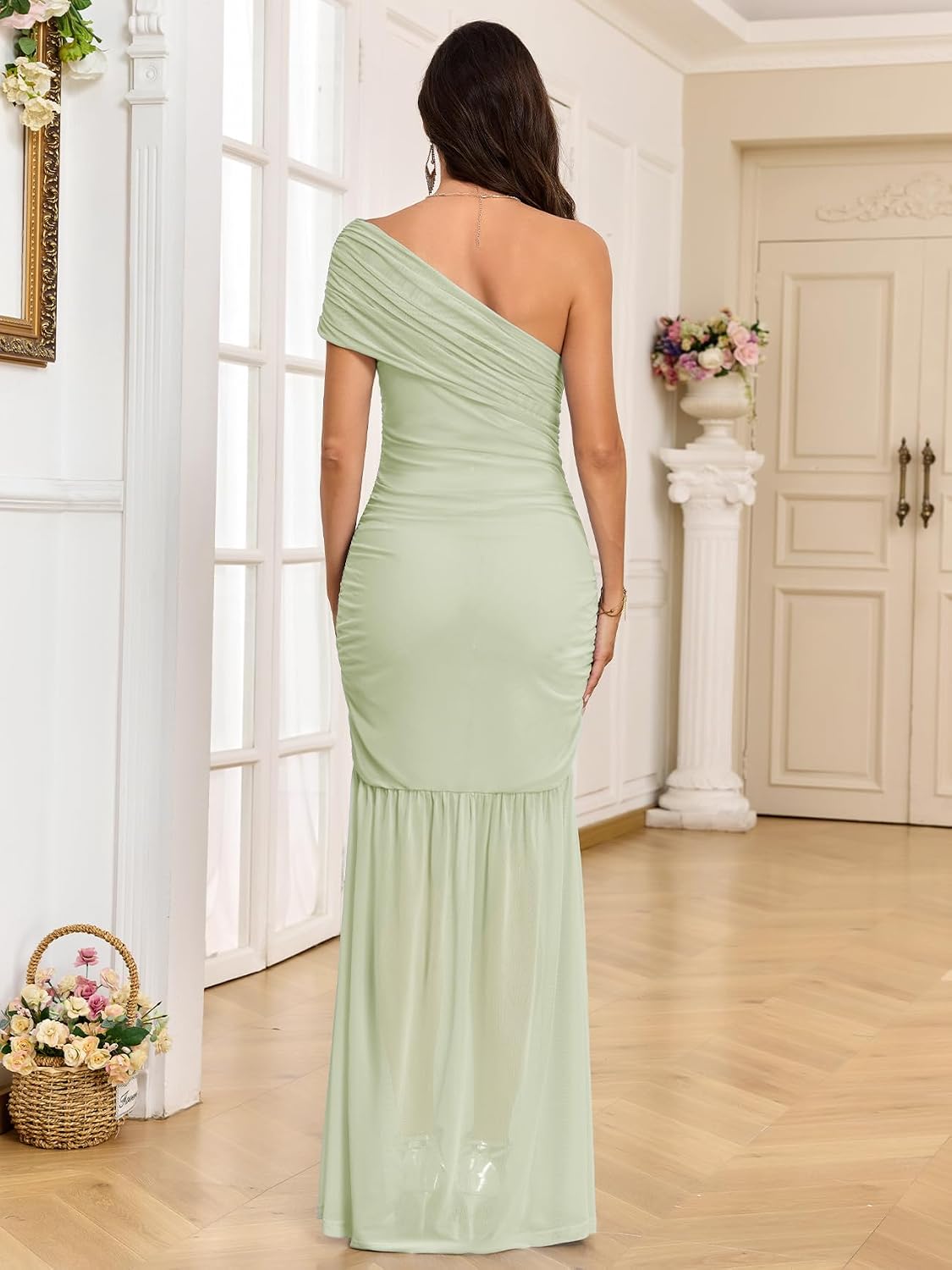 CYCLAMEN One Shoulder Maternity Dress Elegant Mermaid Mesh Ruched Formal Maxi Dresses for Baby Shower Photoshoot Gown