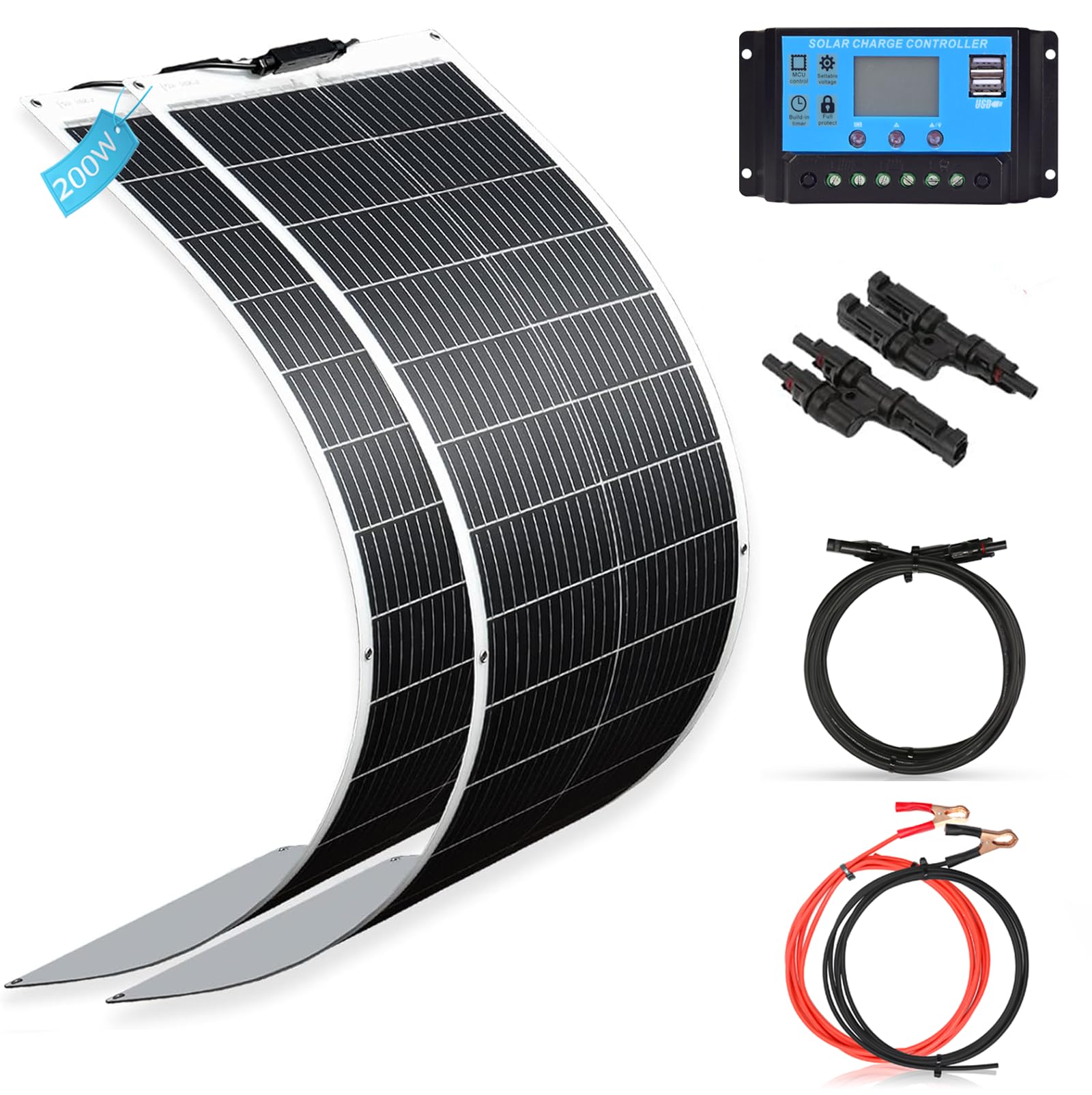 XINPUGUANG Panneau Solaire Souple 200W 18V 2pcs 100W Monocristallin Panneau Solaire Flexible Photovoltaïque pour Camping-car, Bateau, Caravane (200W-Blanc)