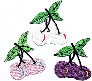 Umama Patch Set of 3 Mini Colorful White Pink Purple Cherry Cherries Fruit Cute Cartoon Patch Cherry Fruit Iron on Patches for Kids Clothing Sew on Appliques Dress Clothes Backpacks Vest Jeans Jackets