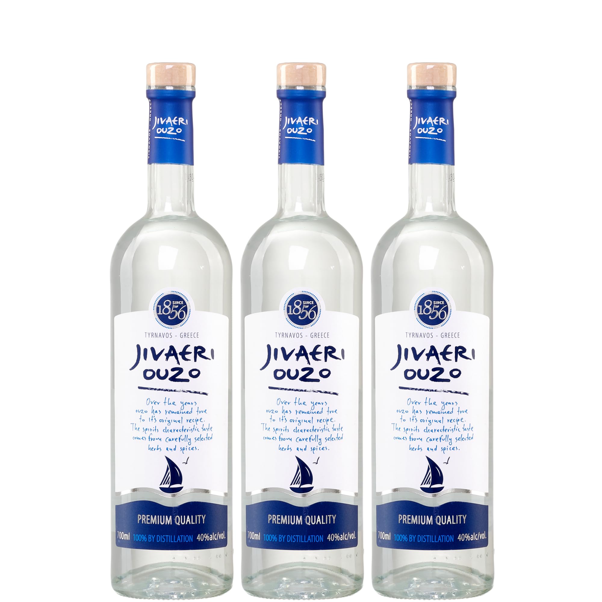 Ouzo Jivaeri 3 x 0,7l | Älteste Ouzo Destillerie der Welt | 40% Vol. | 2-fach destilliert | Katsaros Distillery + 20ml Jassas Olivenöl