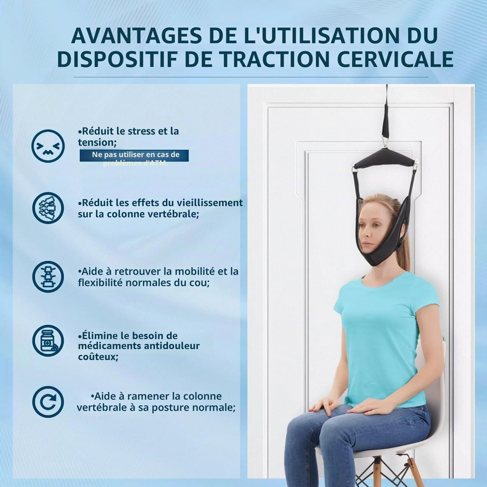 Dispositif de traction cervicale suspendu pour soulagement de la douleur Hamac pour la tête Masseur cervical Ceinture d'étirement douce Sangle de cou pour thérapie physique Maison Extérieur