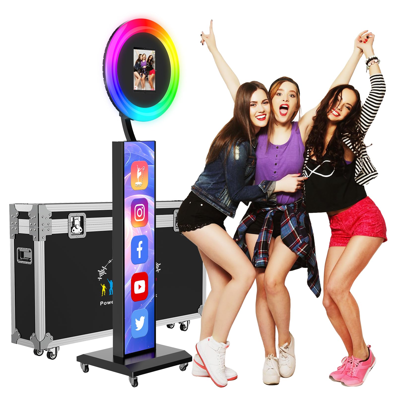 Portable Photo Booth Stand Shell with Light Ring,Fits for Any Size iPad, Photo Booth Shell with Flight Case,Black Selfie Photo Booth with Chacktok Software Perfect for Wedding,Parties and Birthday