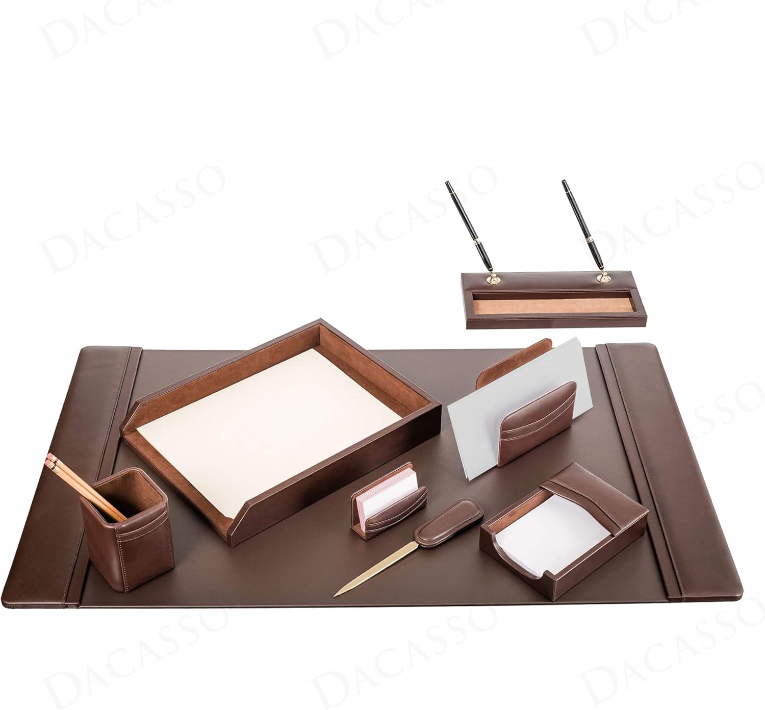 Dacasso Chocolate Brown Leather Luxury 8 Piece Desk Set - Blotter Pad & Desk Mat Organization Essentials - Executive Decor and Surface Protector
