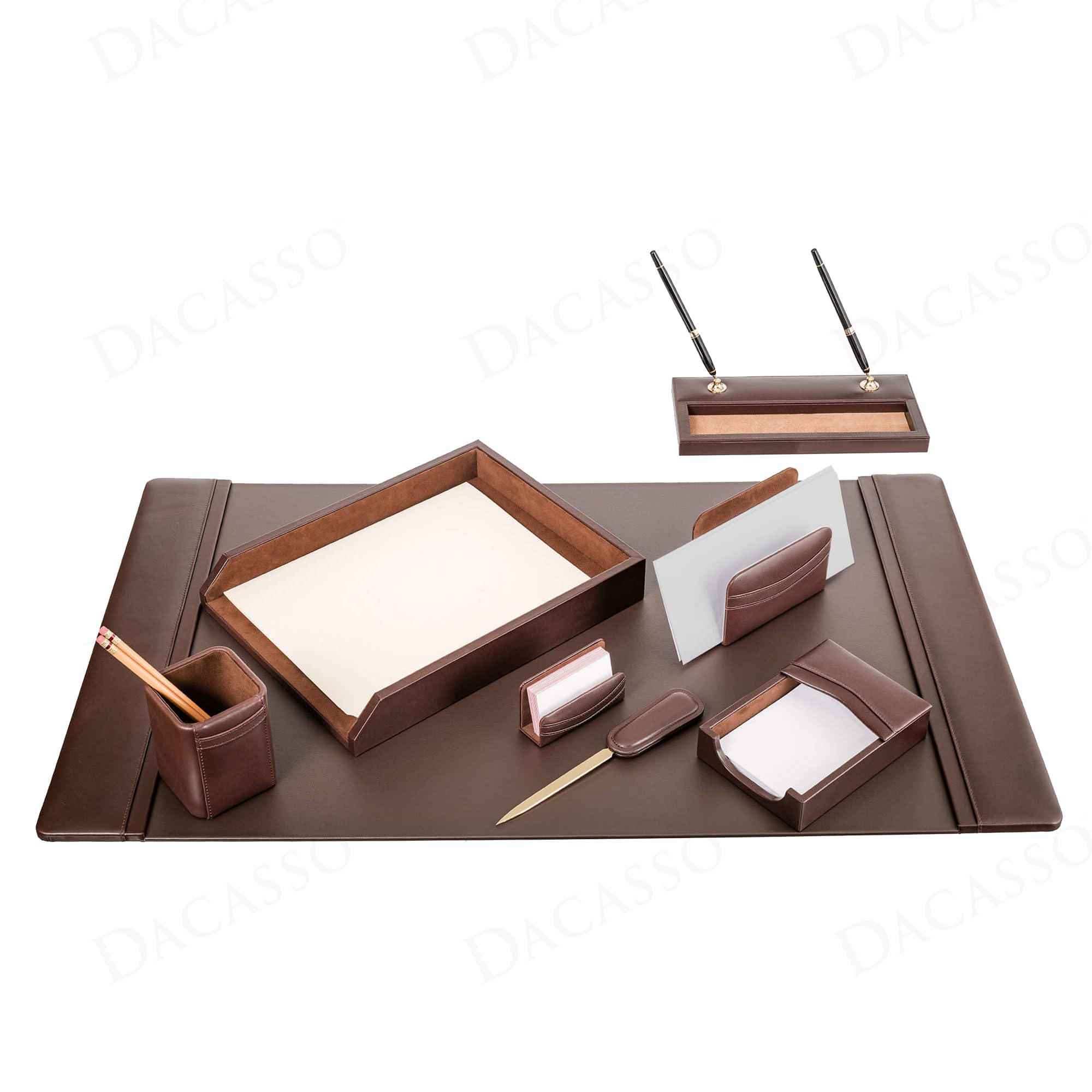 Dacasso 8-teiliges Schreibtisch-Set aus Leder – Schreibunterlage und Schreibtischunterlage – Executive Decor und Oberflächenschutz, Schokoladenbraun
