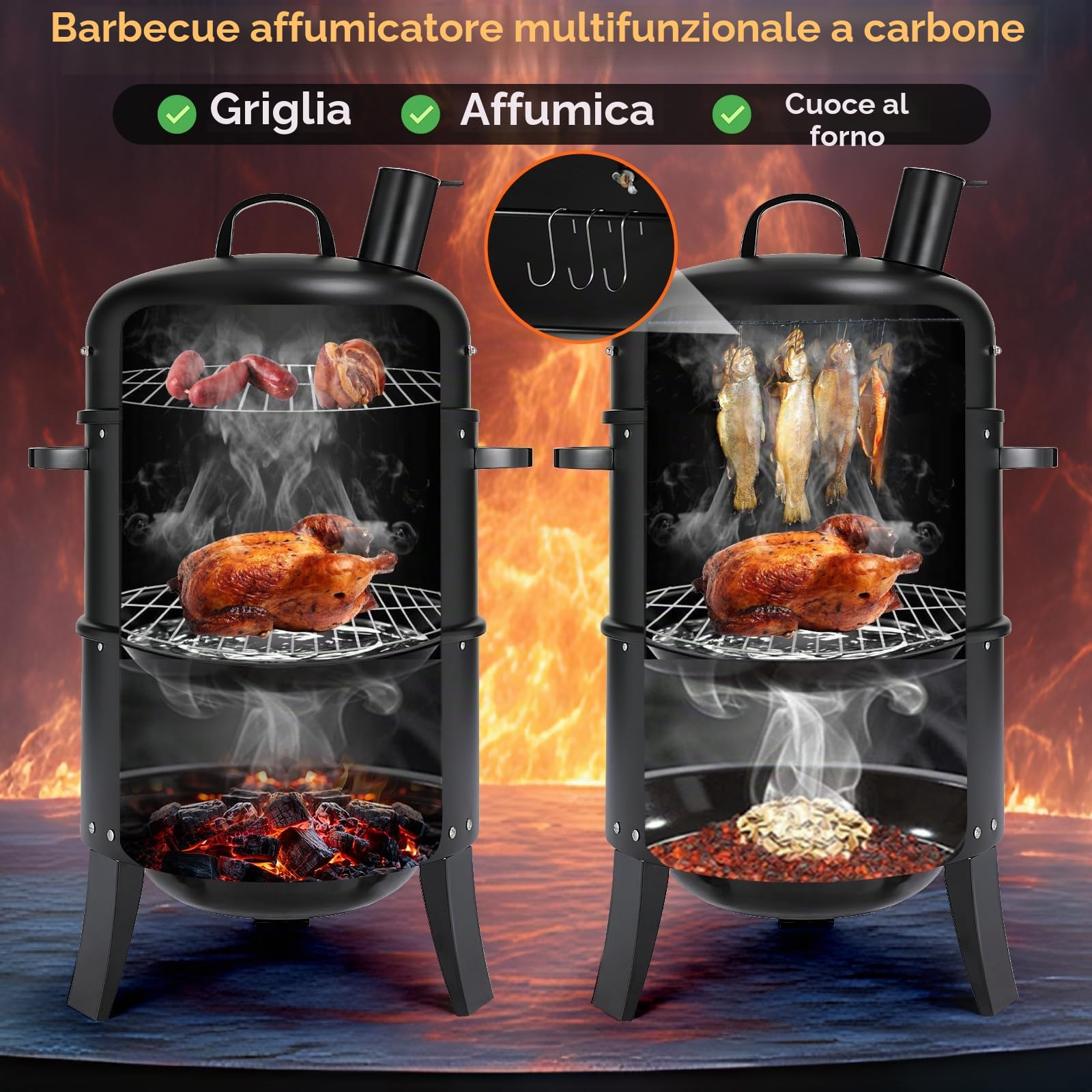 TLGREEN Affumicatore 3 in 1, Affumicatore con Camino, Barbecue a Carbone, Barbecue Smoker con Termometro, 2 Griglie in Acciaio Inox (φ 37,5 cm), BBQ Smoker, per Affumicare, Grigliare e Cucinare
