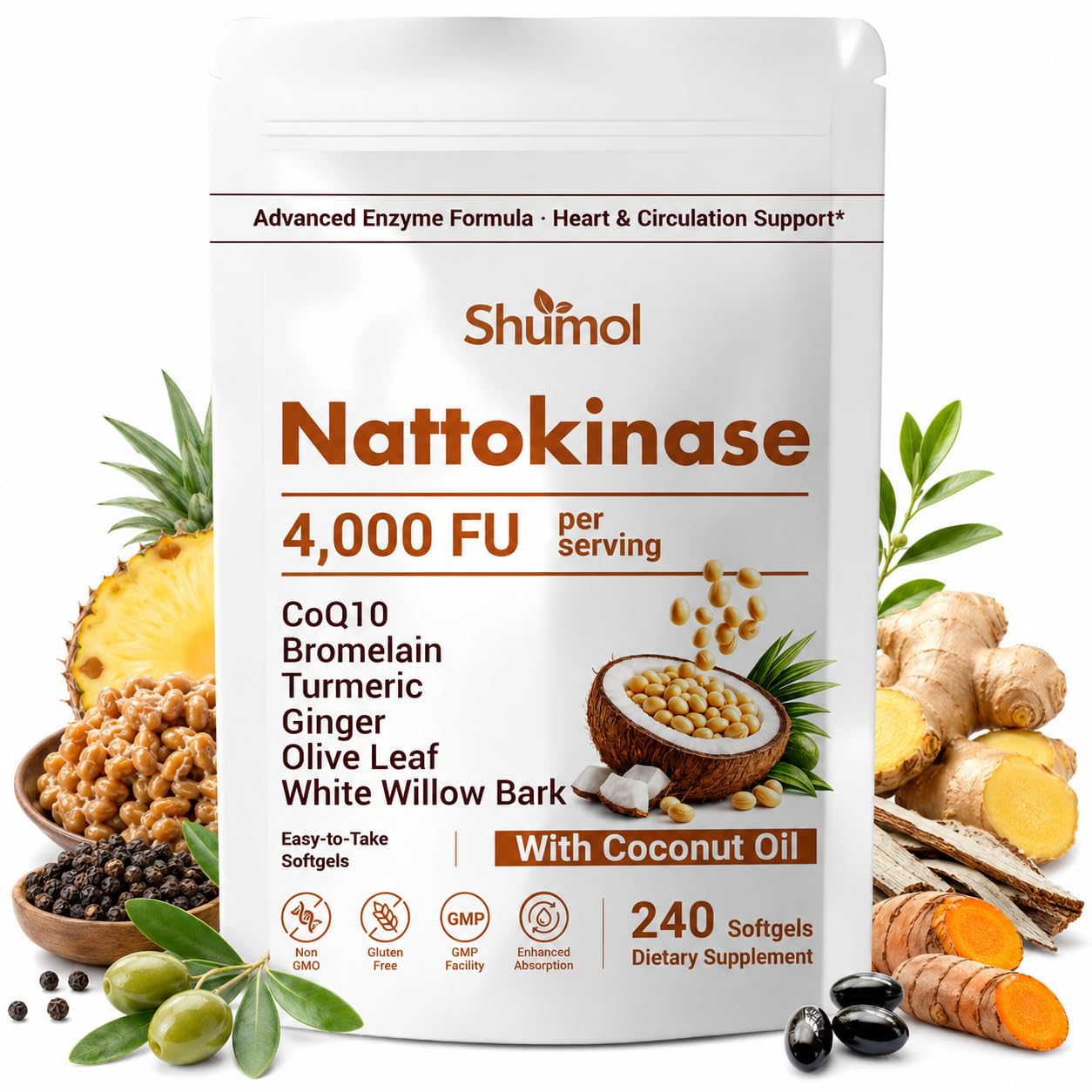 Shumol Nattokinase 240 Softgels, 10-in-1 Nattokinase Supplement with MCT Oil, CoQ10, Bromelain,Turmeric, Ginger, Olive Leaf & White Willow Bark | 200mg (4,000 FU) Per Serving | Non-GMO, Gluten Free