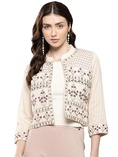 Womens Ethnic Wear Cream Colour Zari Thread Mirror Embroidery Cotton Ethnic Jacket