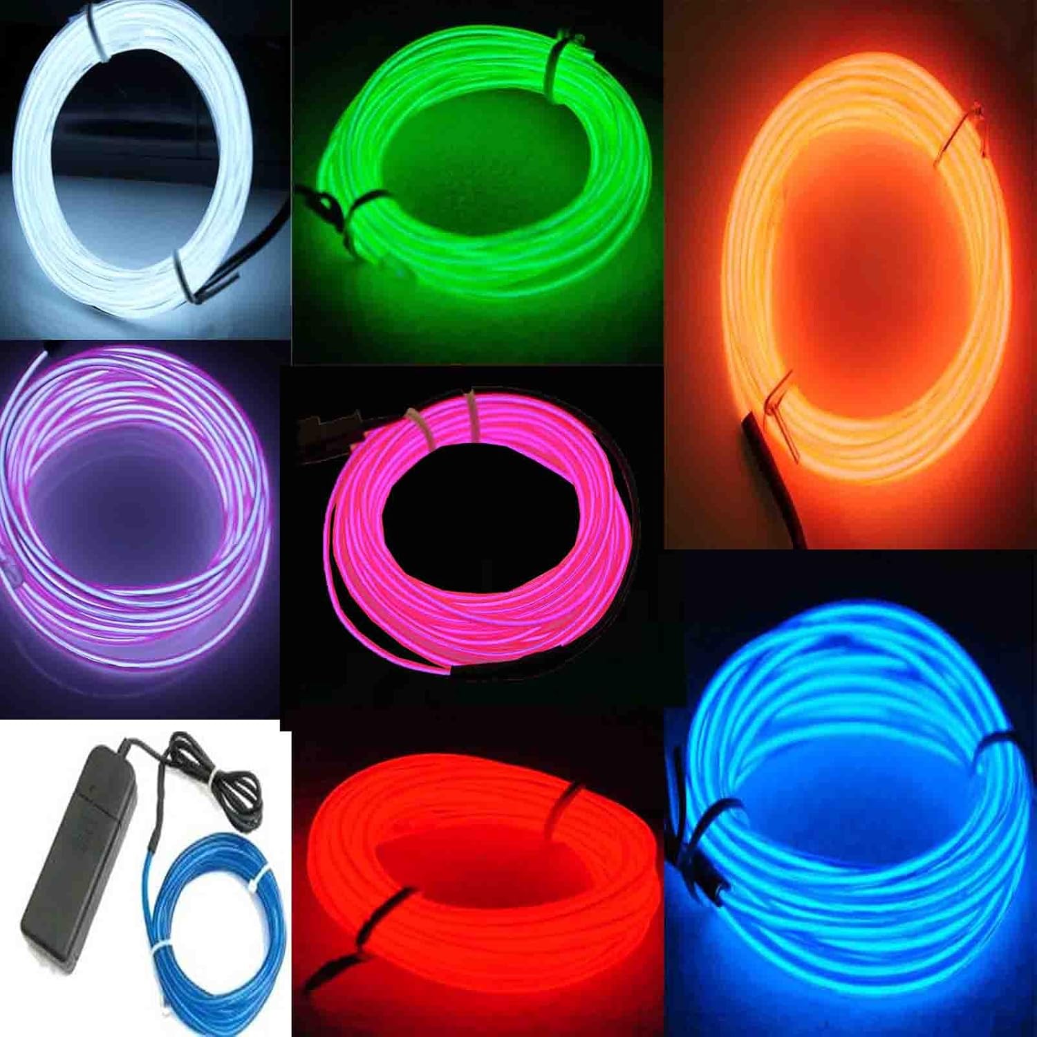 7 Pack 9ft Neon Light El Wire w/Battery Pack (Green, Blue, Red, Orange, Purple, White, Pink) - Image 2