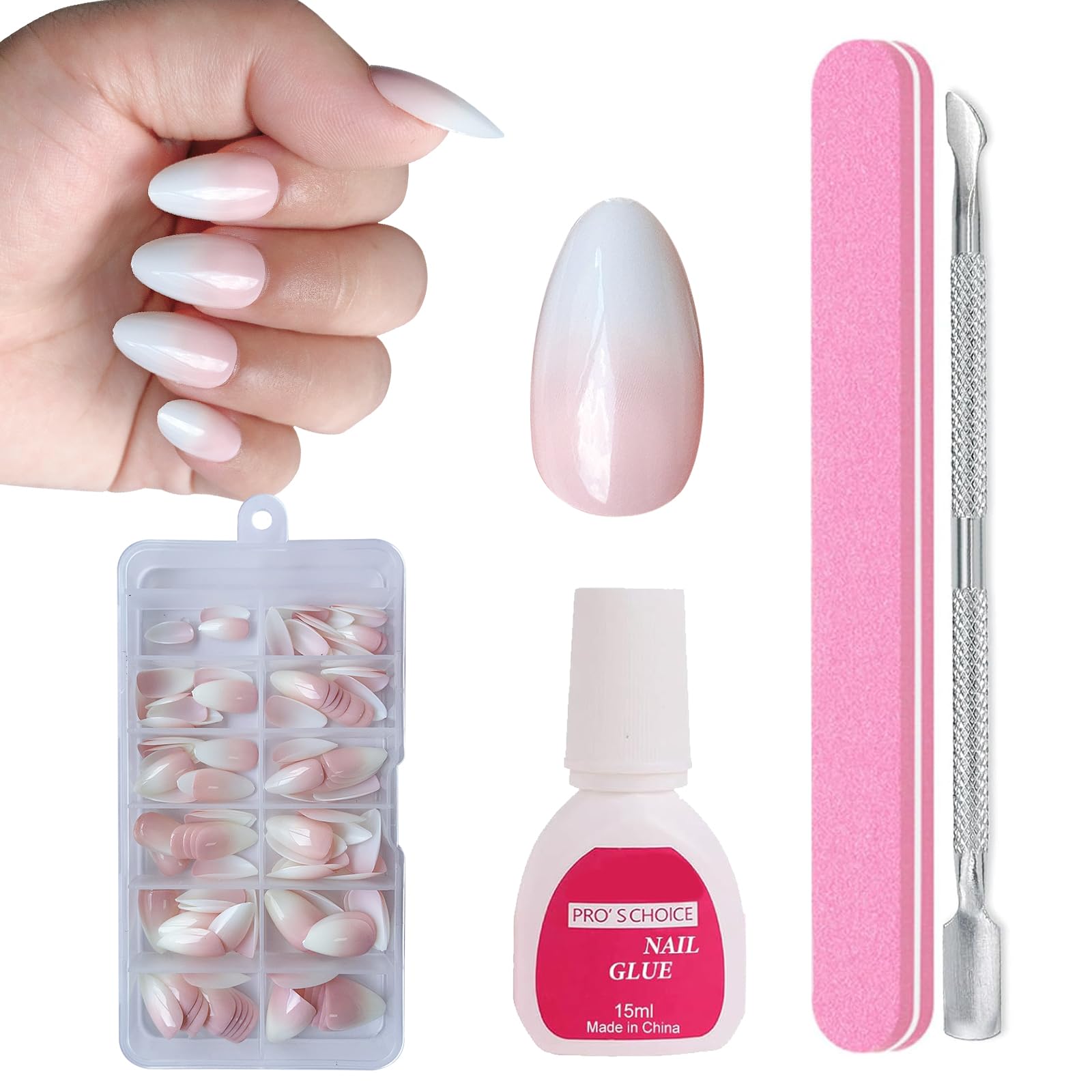 ZAHRVIA Kit de Uñas Postizas, Uñas Postizas de Degradado Natural con Pegamento, Uñas Postizas de Acrílico de Almendra con Puntas Rosas, 120 Piezas (Almendra Degradado Corto)