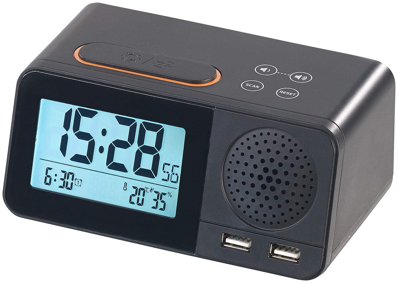 auvisio Funkradiowecker: Funk-Radiowecker mit 2 Weckzeiten, Hygro- & Thermometer, 2X USB, 2 A (Funk Radiowecker mit Netzteil, Radiofunkwecker, Alarm)