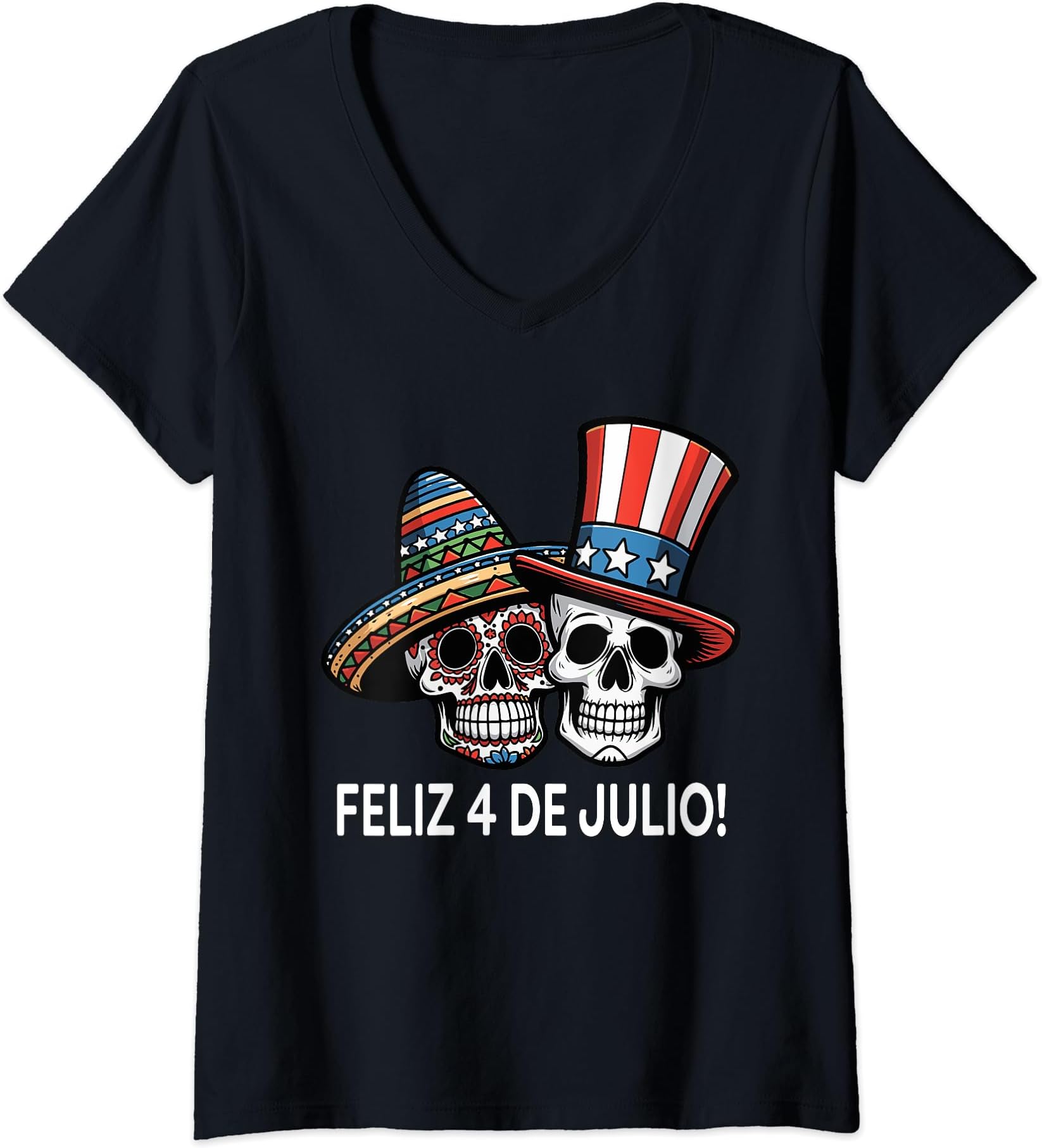Patriotic Latinos American CollectionWomens Feliz 4 de Julio Mexican Skeleton Latin Proud USA Flag Hats V-Neck T-Shirt