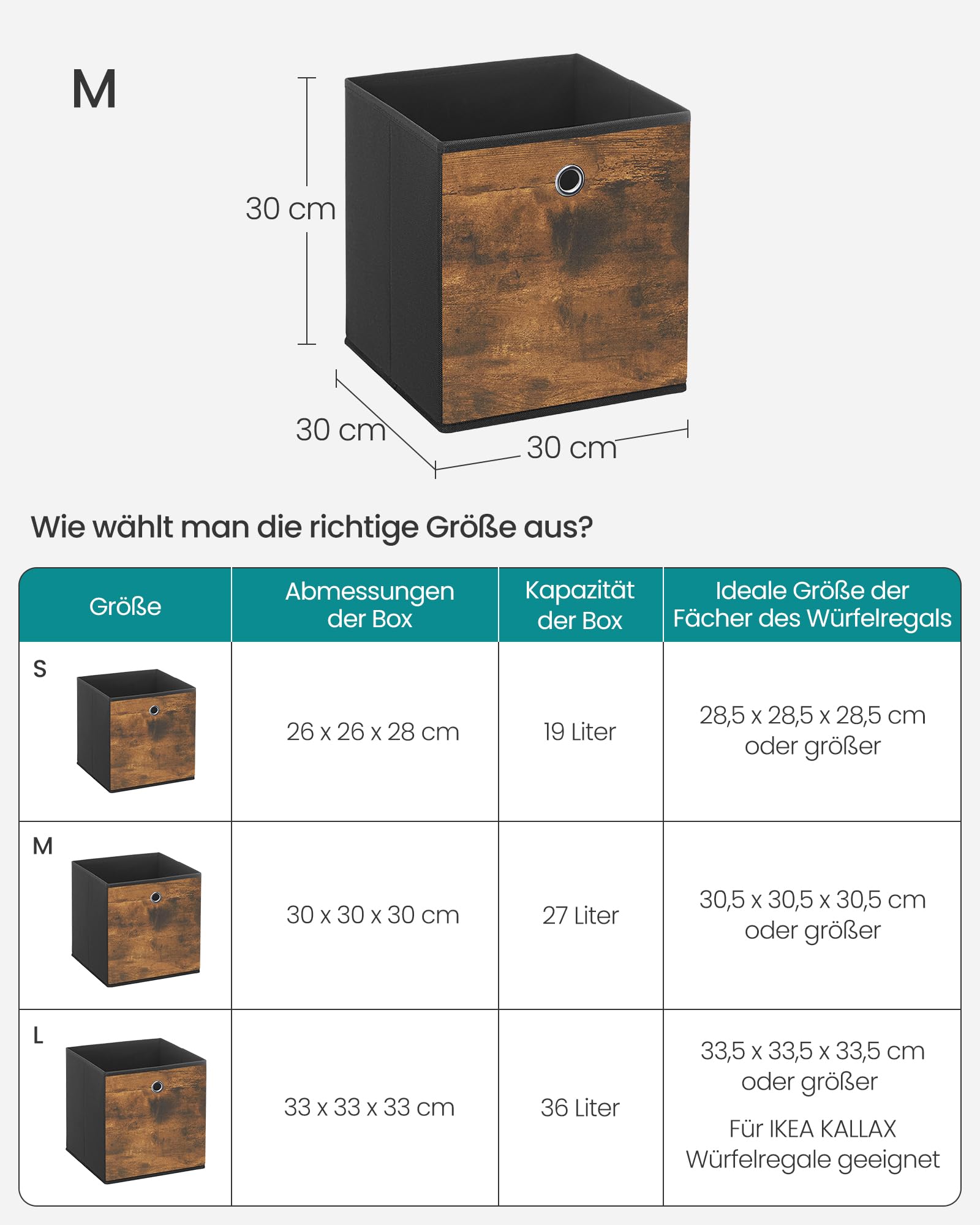 SONGMICS Aufbewahrungsbox, 8er Set, Ordnungsboxen, Faltbox, 30 x 30 x 30 cm, Stoffbox, für Würfelregal, Organizer für Kleidung, für Schlafzimmer Wohnzimmer, vintagebraun-schwarz RFB830B01