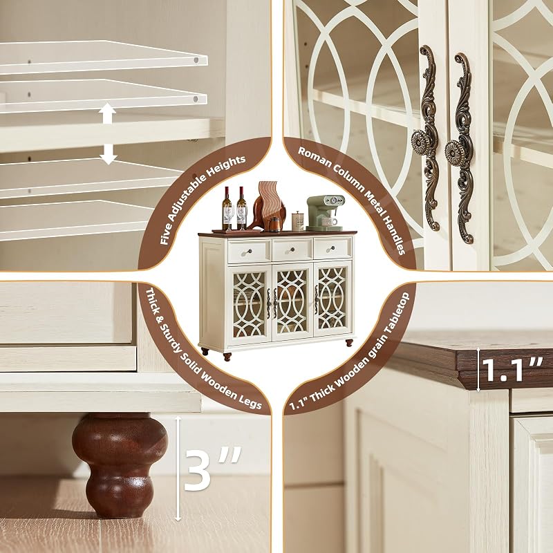 Joaxswe Farmhouse Sideboard Buffet Cabinet with Storage,48" Large Credenza with 3 Glass Doors & 3 Drawers,Adjustable Shelves Console Table,Wood Kitchen Coffee Bar for Dining Room,Living Room,White image 6