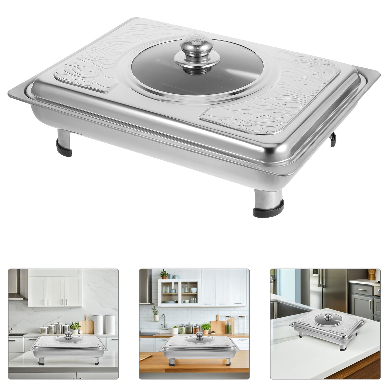 Plateau de Buffet Rectangulaire en Acier Inoxydable 40x30 Cm avec Couvercle, Plateau Chauffe-plats Réfrigéré, pour Buffet, Traiteur et Service en Restauration