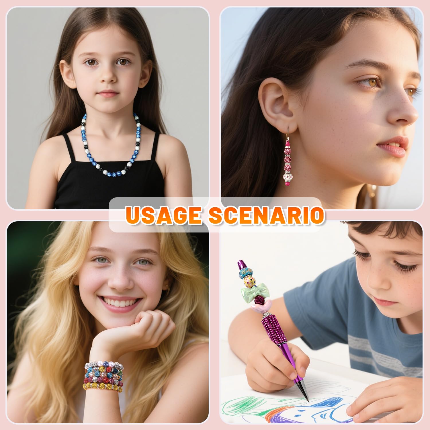 AIPRIDY Jewelry Making Beads Set, 590 PCS 10mm Round Mixed Color Rhinestone Clay Beads with Pearl and Floral Beads for DIY Bracelets, Necklaces