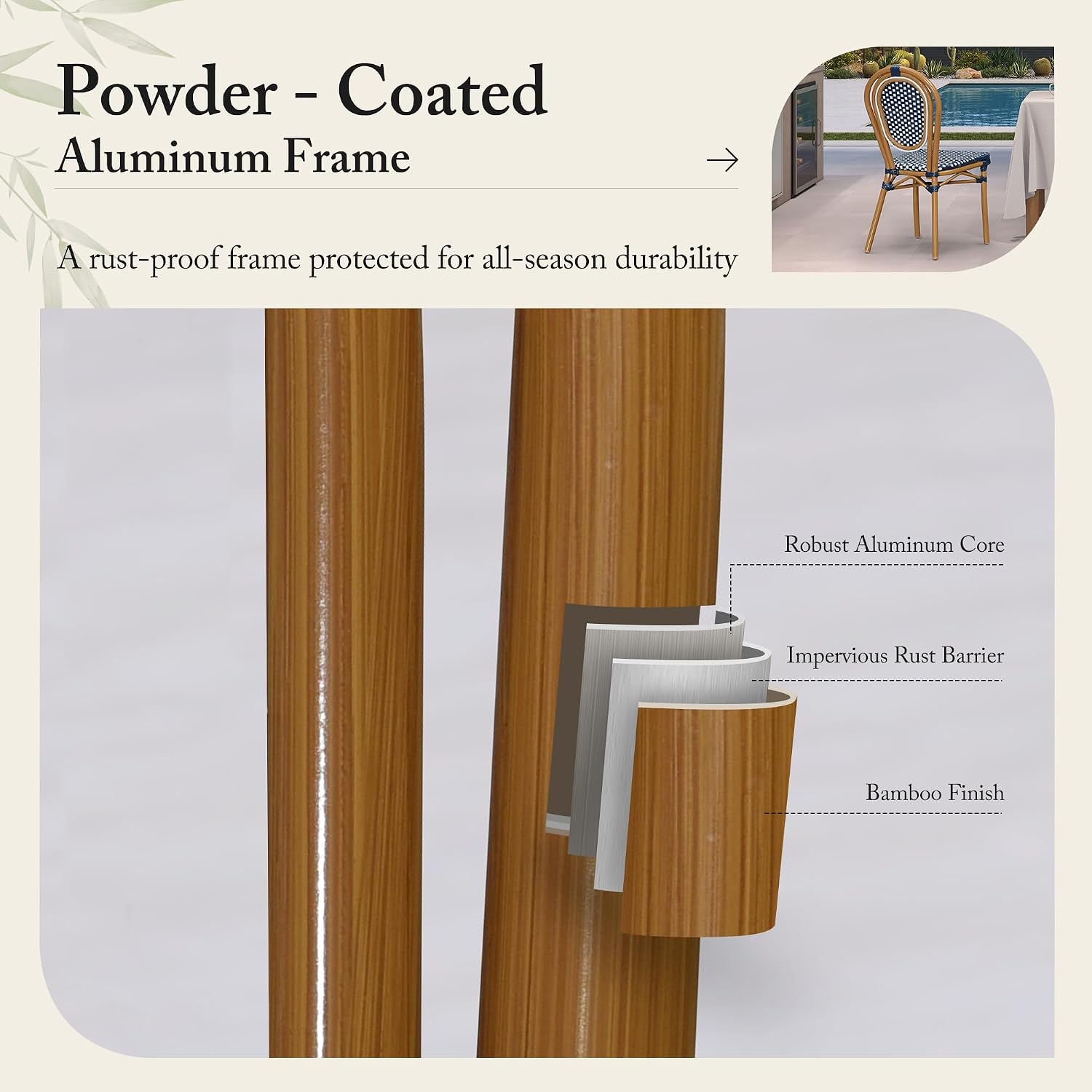 PURPLE LEAF Patio Dining Chair Set of 2 Outdoor French Aluminium Frame in Bamboo Finish with Navy Blue & White Woven Rattan for Indoor Kitchen Deck Bistros Cafe Restaurant