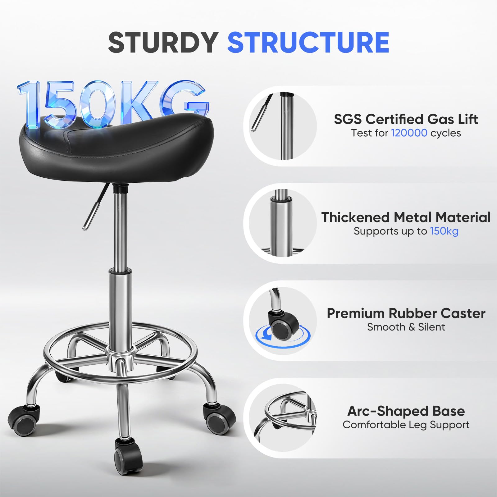Sattelstuhl Ergonomisch- Sattelhocker mit Rollen (Leise, 360°), Höhenverstellbar 48-57 cm, Hochdichter Schaum, Bis 150 kg, Metallfuß - Bequemer Sattelhocker für Büro, Salon, Massage, Zuhause