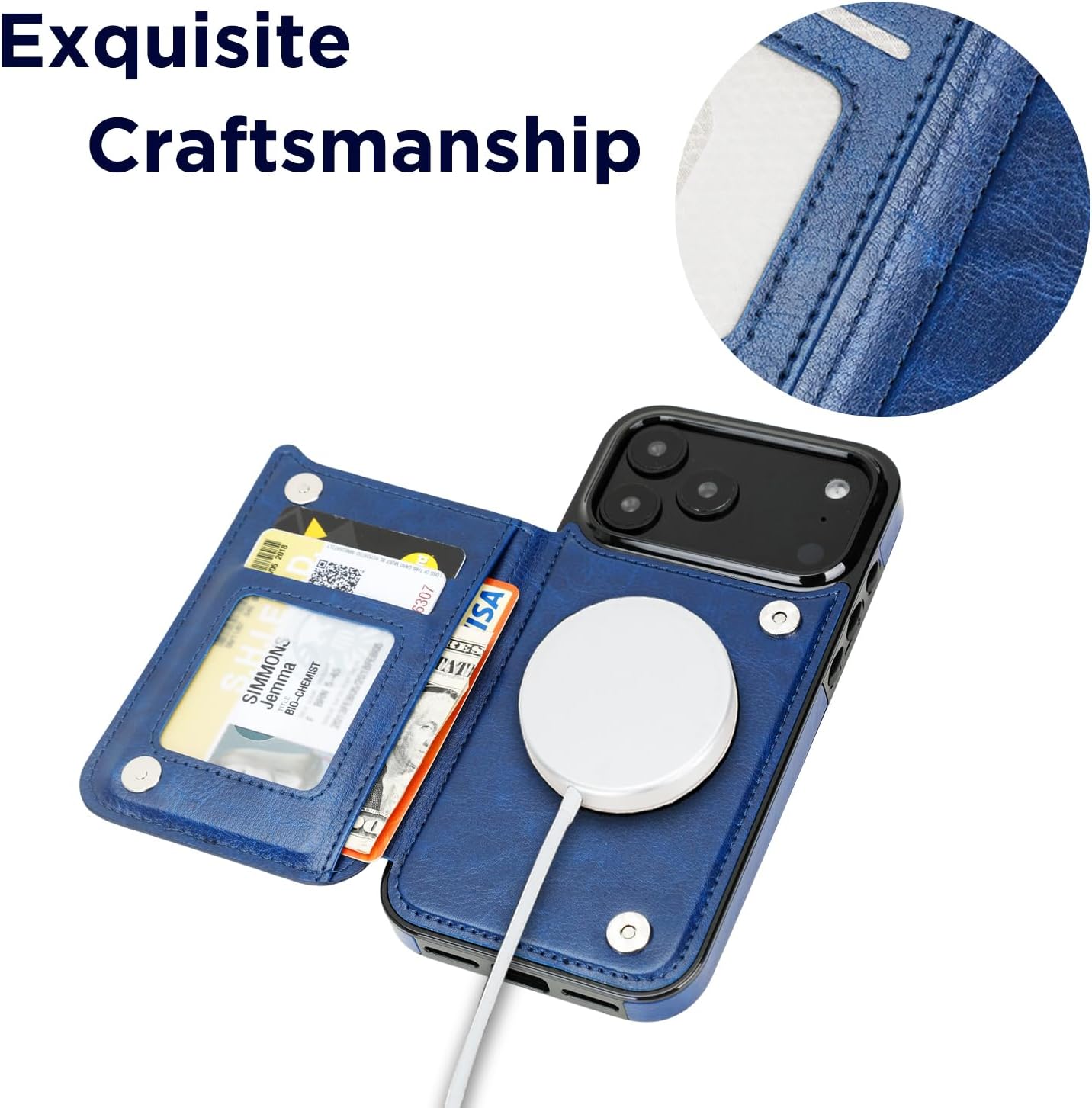 uCOLOR for iPhone 17 Pro Max Wallet Case Magsafe with Card Holder Slot【Compatible with MagSafe】 Folio Flip PU Leather RFID Design with Camera Lens Protector (Navy Blue Polka Dot, iPhone 17 Pro Max)