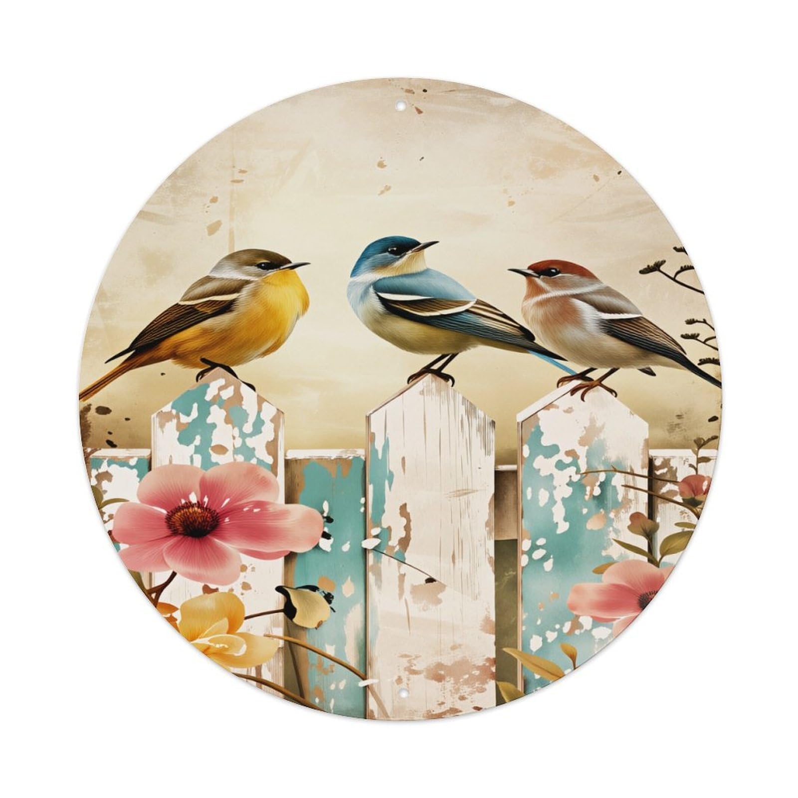 Birds On Fence With Flowers Round Tin Sign Vintage Style Metal Sign Home Bar Garden Wall Plaque Decor Metal Poster 8x8 Inch
