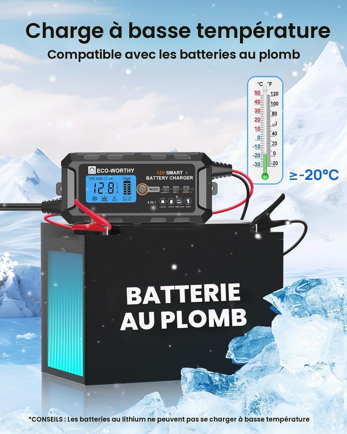 ECO-WORTHY Chargeur de batterie LiFePO4 au lithium 12 V 5 A (prise britannique) automatique intelligent et mainteneur avec écran LCD pour batterie au plomb et lithium (LiFePO4) scooter
