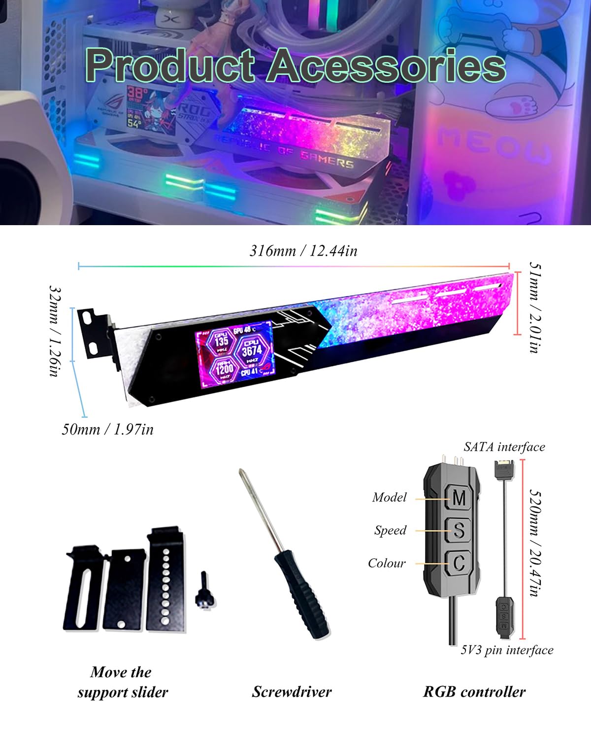 Supporto per Scheda Grafica RGB, Supporto per Gpu con Display da 2,2 Pollici, Risoluzione 320 * 240, Supporto per Scheda Grafica Serie 30/40, per Appassionati di Esport Fai da Te Black